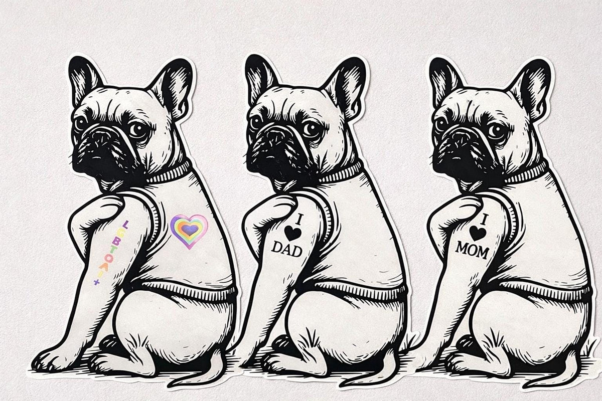 Französische Bulldogge Sticker im Tattoo-Style – I Love Mom / Dad / Pride