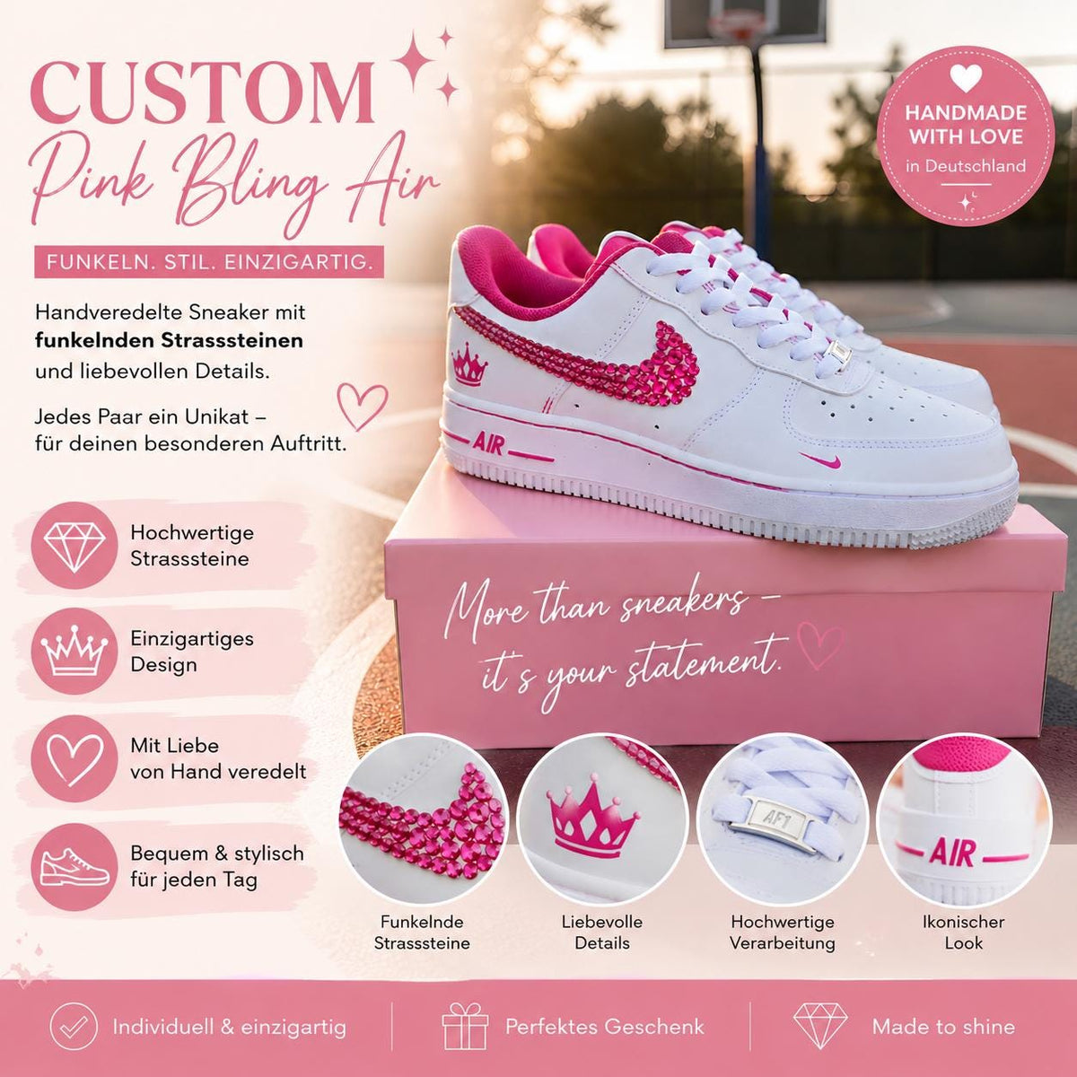 Custom Bling Sneaker mit pinken Strasssteinen – handveredelt