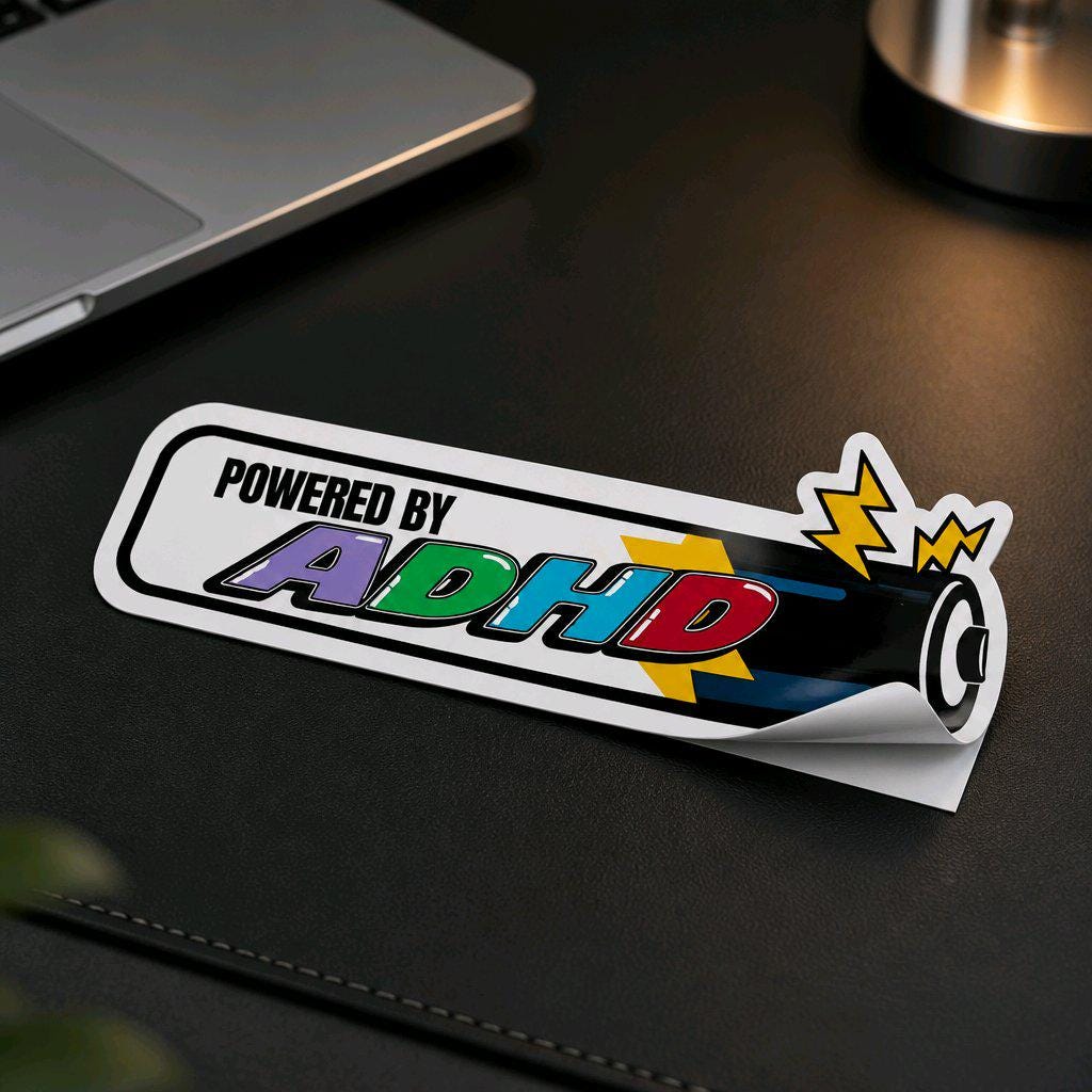 „Powered by ADHD“ Sticker – lustiger Laptop-Aufkleber