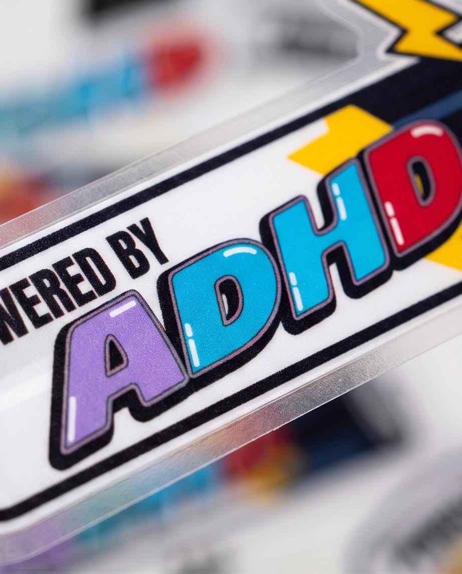 „Powered by ADHD“ Sticker – lustiger Laptop-Aufkleber